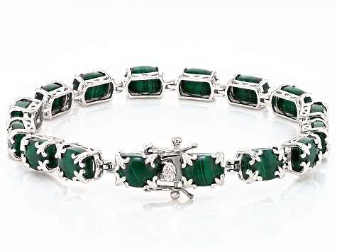 Pre-Owned Green Malachite Rhodium Over Sterling Silver Bracelet