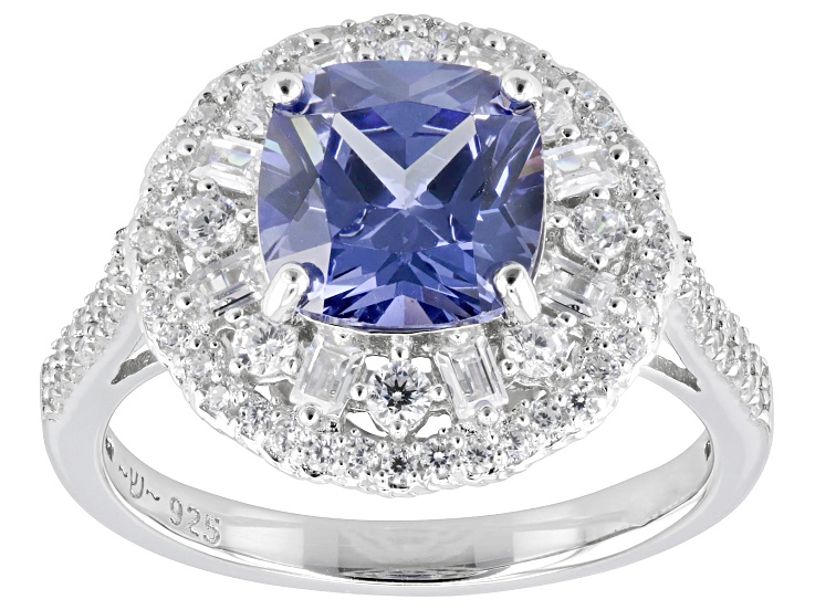 Pre-Owned Blue And White Cubic Zirconia Rhodium Over Sterling Silver Ring 4.50ctw