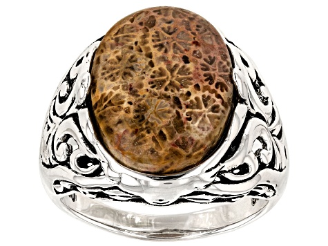 Pre-Owned Oval Fossil Coral Sterling Silver Ring