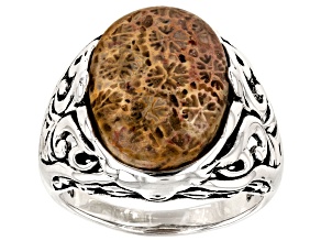 Pre-Owned Oval Fossil Coral Sterling Silver Ring