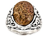 Pre-Owned Oval Fossil Coral Sterling Silver Ring