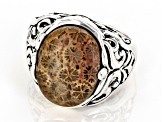 Pre-Owned Oval Fossil Coral Sterling Silver Ring