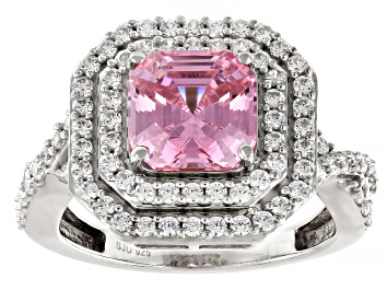 Picture of Pre-Owned Pink And White Cubic Zirconia Rhodium Over Sterling Silver Asscher Cut Ring 4.80ctw