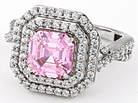 Pre-Owned Pink And White Cubic Zirconia Rhodium Over Sterling Silver Asscher Cut Ring 4.80ctw