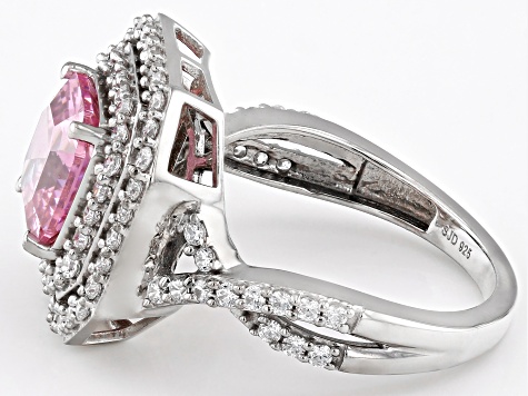 Pre-Owned Pink And White Cubic Zirconia Rhodium Over Sterling Silver Asscher Cut Ring 4.80ctw