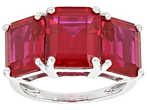 Pre-Owned Red Lab Created Ruby Rhodium Over Sterling Silver 3-Stone Ring 12.24ctw