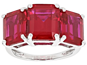 Pre-Owned Red Lab Created Ruby Rhodium Over Sterling Silver 3-Stone Ring 12.24ctw