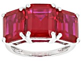 Pre-Owned Red Lab Created Ruby Rhodium Over Sterling Silver 3-Stone Ring 12.24ctw