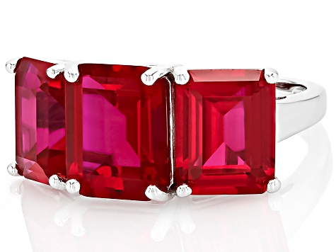 Pre-Owned Red Lab Created Ruby Rhodium Over Sterling Silver 3-Stone Ring 12.24ctw