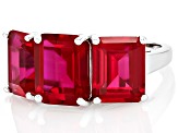 Pre-Owned Red Lab Created Ruby Rhodium Over Sterling Silver 3-Stone Ring 12.24ctw