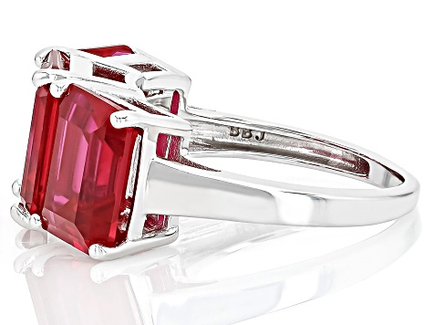 Pre-Owned Red Lab Created Ruby Rhodium Over Sterling Silver 3-Stone Ring 12.24ctw