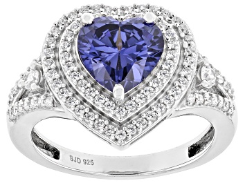 Picture of Pre-Owned Blue And White Cubic Zirconia Platinum Over Sterling Silver Heart Ring 3.50ctw