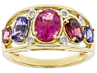 Pre-Owned Tourmaline, Tanzanite, Rhodolite Garnet And Diamond 14k Yellow Gold Band Ring 2.33ctw