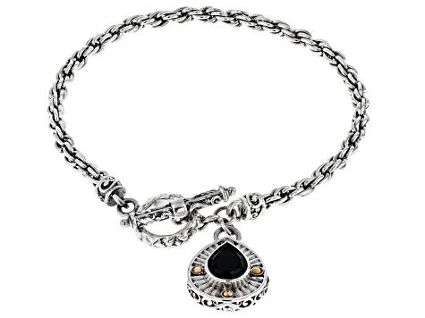 Pre-Owned Black Spinel Sterling Silver With 18K Gold Accents Dangle Bracelet 1.8ct