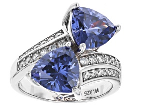 Pre-Owned Blue And White Cubic Zirconia Rhodium Over Silver Ring 9.53ctw