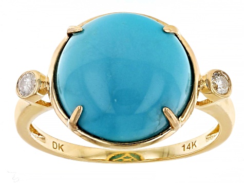 Pre-Owned Blue Sleeping Beauty Turquoise With White Diamond 14k Yellow Gold Ring 3.86ctw