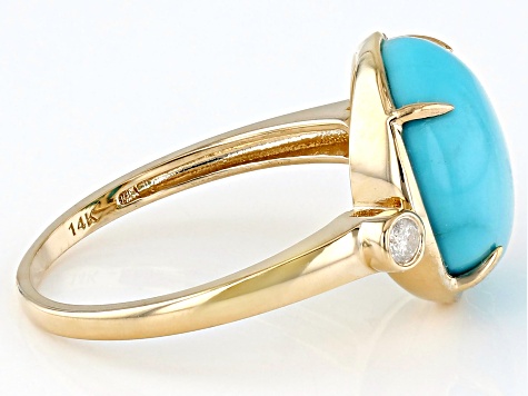 Pre-Owned Blue Sleeping Beauty Turquoise With White Diamond 14k Yellow Gold Ring 3.86ctw