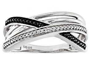Pre-Owned Black And White Diamond Accent Rhodium Over Sterling Silver Crossover Band Ring
