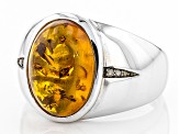 Pre-Owned Orange Amber Rhodium Over Sterling Silver Gents Ring .03ctw