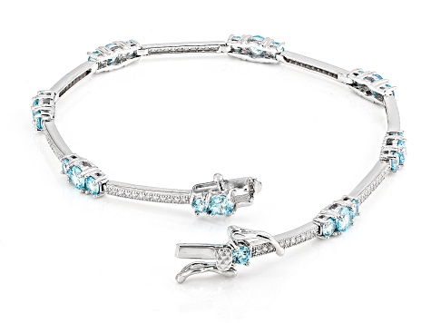 Pre-Owned Blue And White Cubic Zirconia Rhodium Over Sterling Silver Tennis Bracelet 6.30ctw