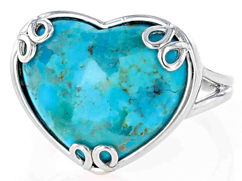 Pre-Owned Blue Turquoise Rhodium Over Sterling Silver Heart Ring