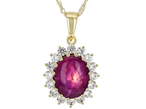 Pre-Owned Red Indian Star Ruby With White Zircon 10k Yellow Gold Pendant With Chain 5.81ctw