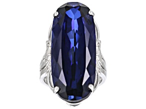 Pre-Owned Blue Lab Created Sapphire Rhodium Over Sterling Silver Solitaire Ring 27.20ct