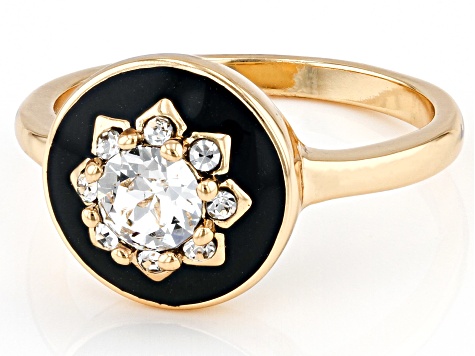 Pre-Owned Black Enamel & Crystal Gold Tone Brass Ring