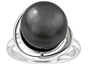 Pre-Owned Black Cultured Tahitian Pearl Rhodium Over Sterling Silver Ring