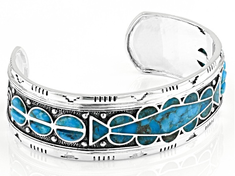 Pre-Owned Blue Turquoise Inlay Sterling Silver Cuff Bracelet