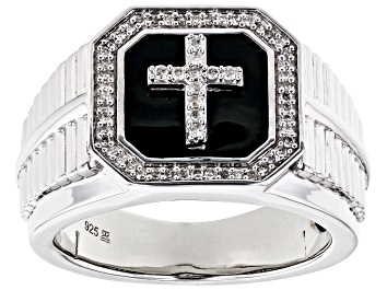Picture of Pre-Owned White Diamond And Black Enamel Rhodium Over Sterling Silver Mens Cross Ring 0.20ctw