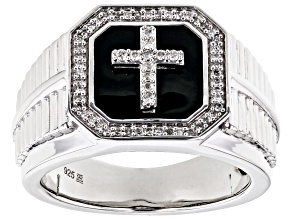 Pre-Owned White Diamond And Black Enamel Rhodium Over Sterling Silver Mens Cross Ring 0.20ctw