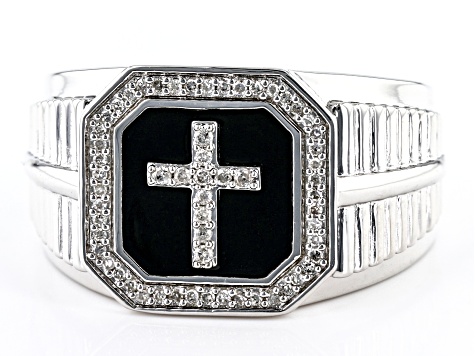Pre-Owned White Diamond And Black Enamel Rhodium Over Sterling Silver Mens Cross Ring 0.20ctw