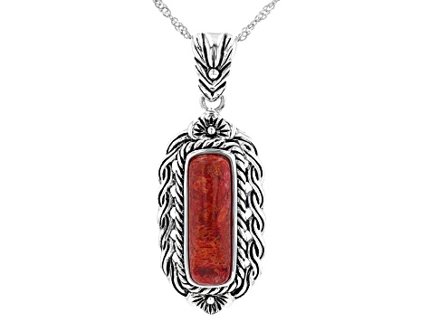 Pre-Owned Red Coral Rhodium Over Sterling Silver Pendant With Chain