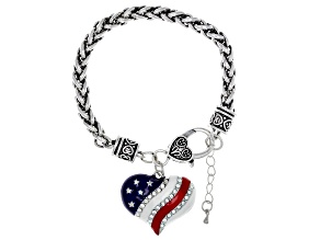 Pre-Owned White Crystal & Enamel Silver Tone Heart Shape Patriotic Bracelet