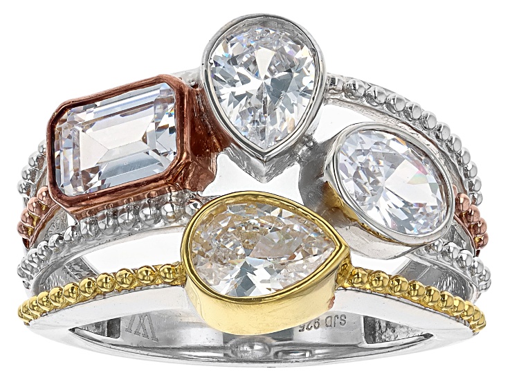 Pre-Owned White Cubic Zirconia Rhodium, 18k Yellow, And 18k Rose Gold Over Sterling Silver Ring 4.88