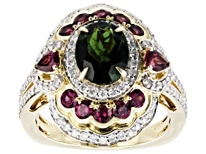 Pre-Owned Green Tourmaline And Rhodolite With White Diamond 14k Yellow Gold Cocktail Ring 3.44ctw.
