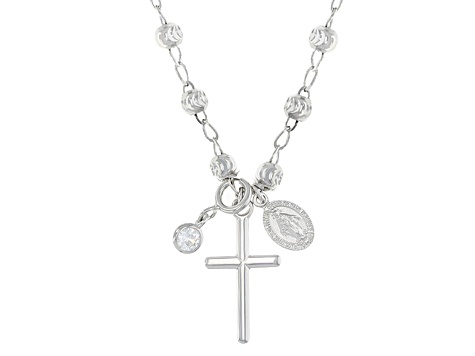 Pre-Owned White Cubic Zirconia Rhodium Over Sterling Silver Cross & Virgin Mary Pendant With Chain 0