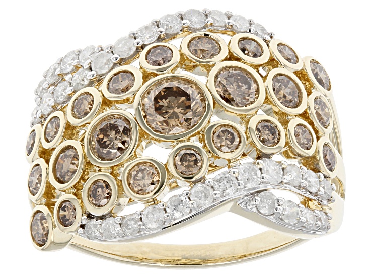 Pre-Owned Champagne And White Diamond 10k Yellow Gold Wide Band Ring 2.00ctw
