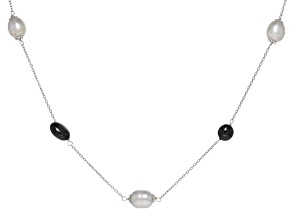Pre-Owned Platinum Cultured Freshwater Pearl and Onyx Rhodium Over Sterling Silver Necklace