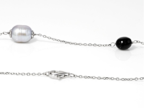 Pre-Owned Platinum Cultured Freshwater Pearl and Onyx Rhodium Over Sterling Silver Necklace