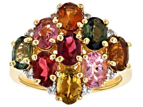 Pre-Owned Multi Tourmaline With White Zircon 18k Yellow Gold Over Sterling Silver Ring 3.57ctw