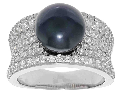 Pre-Owned Black Cultured Freshwater Pearl and White Zircon Rhodium Over Sterling Silver Ring