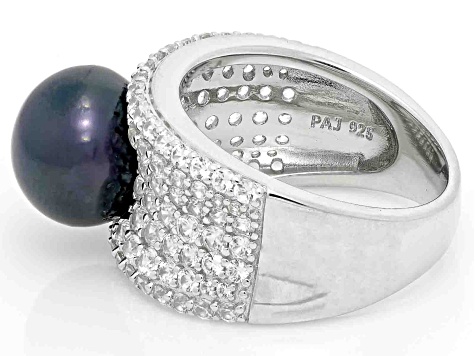Pre-Owned Black Cultured Freshwater Pearl and White Zircon Rhodium Over Sterling Silver Ring