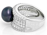 Pre-Owned Black Cultured Freshwater Pearl and White Zircon Rhodium Over Sterling Silver Ring