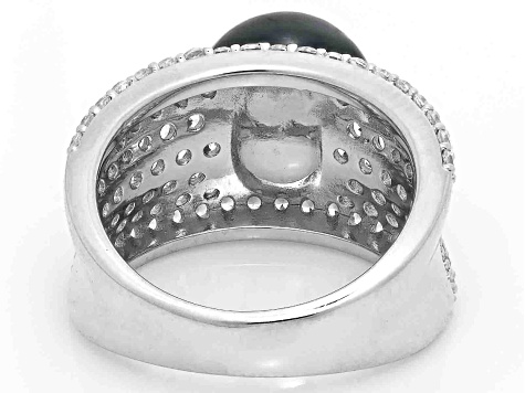 Pre-Owned Black Cultured Freshwater Pearl and White Zircon Rhodium Over Sterling Silver Ring