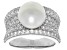 Pre-Owned White Cultured Freshwater Pearl and White Zircon Rhodium Over Sterling Silver Ring