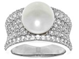 Pre-Owned White Cultured Freshwater Pearl and White Zircon Rhodium Over Sterling Silver Ring