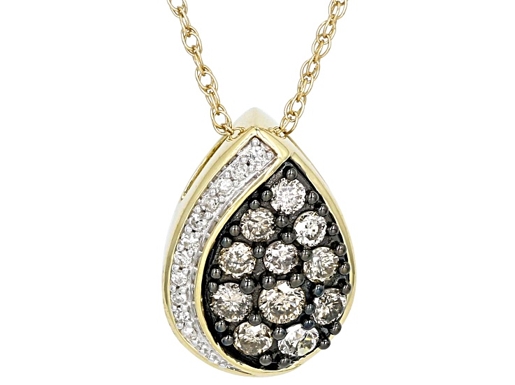 Pre-Owned Champagne And White Diamond 10k Yellow Gold Teardrop Pendant With 18" Chain 0.50ctw