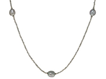 Picture of Pre-Owned Platinum Cultured Freshwater Pearl & 30ctw Labrodorite Rhodium Over Sterling Silver Neckla